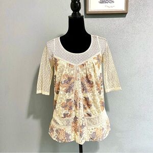 🍄5/$15 Anthropologie Meadow Rue floral Swiss dot blouse cottagecore boho size XS